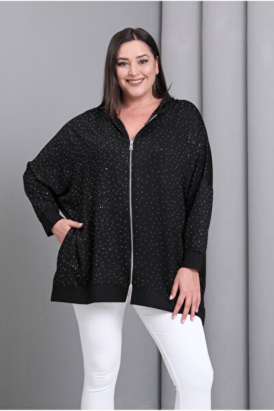 Şans Kadın Büyük Beden Siyah, Kapüşonlu Fermuarlı, Ön Ve Kollar Taş Detaylı Astarsız Tunik Ceket 65N39195