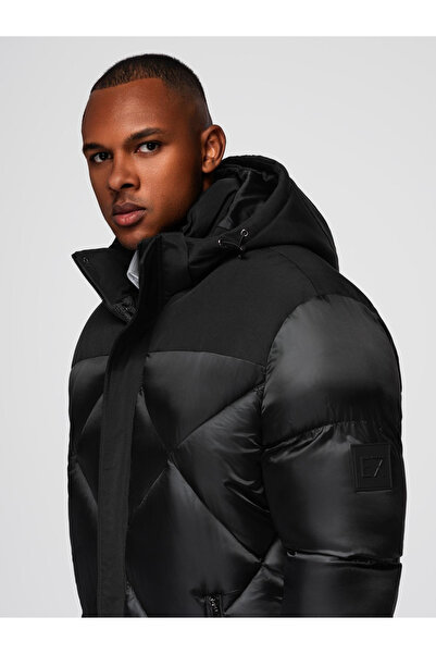 OMBRE Pánská bunda s kapucí a geometrickým kostkovaným vzorem - černá V1 OM-JAHP-0237