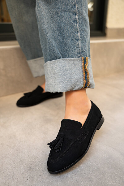 LAMİNTA Leather Tassel Detailed Black Suede Women's Flat Sole Shoes