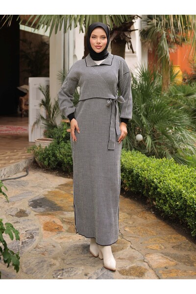 SAHRA BUTİK فستان تريكو مخطط برباط من ياندان - أسود -