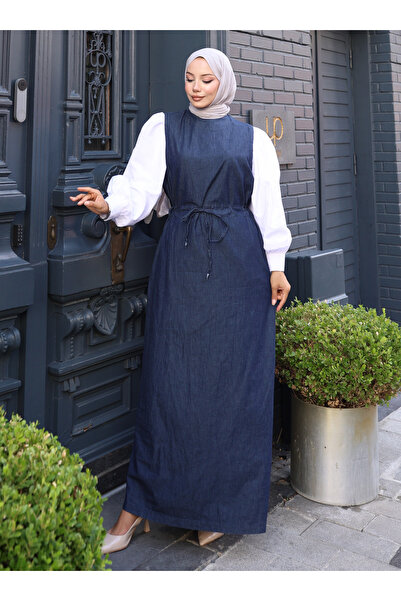 VAV Popplin Garnished Denim Dress - Navy Blue -