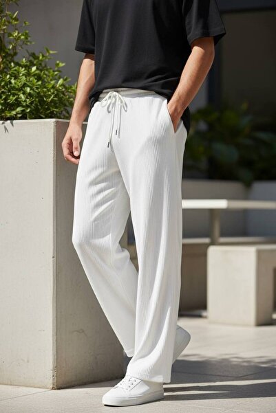 Butik Baggy White Color Ottoman Stripe Detailed Trousers