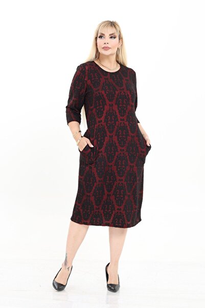 modayız Double Pocket Patterned Stretchy Winter Plus Size Midi Dress 9E-2721