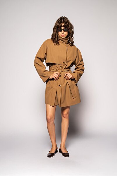 Thalure Kadın Camel Rüzgarlıklı Dik Yaka Trençkot