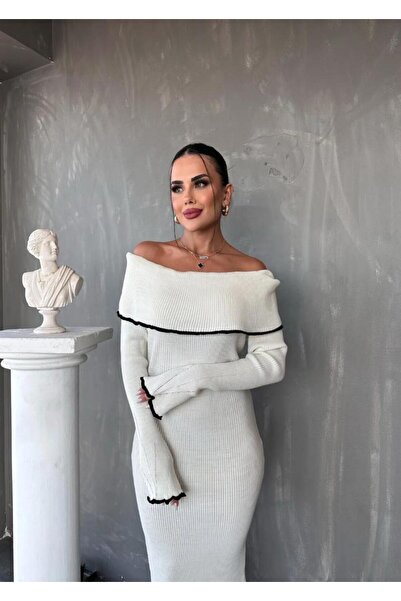 TRENDLİA Çizgi Detaylı Madonna Yaka Uzun Kol Midi Boy Triko Elbise