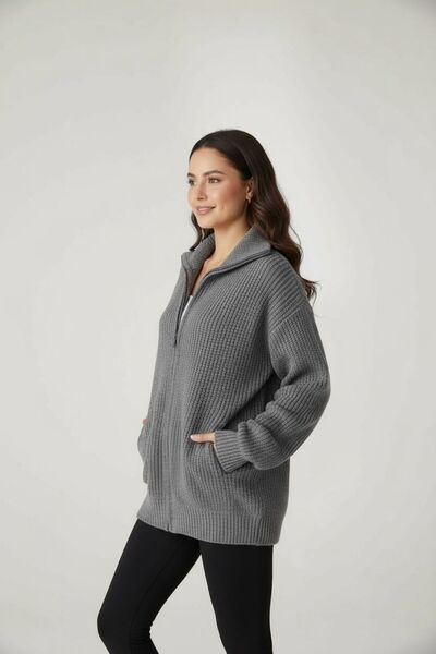 Bliss Women's Turn-Down Collar Zippered Knitwear Cardigan