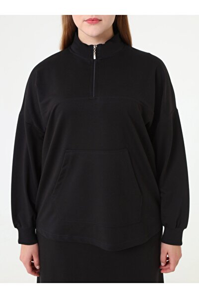 ALİA Fermuarlı Kanguru Cep Detaylı Sweatshirt & Etek Büyük Beden Takım - Siyah -