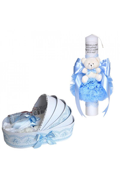 BebeNou Σετ Βάπτισης Αγόρι Landau & Λαμπάδα με Μήνυμα, Μπλε Δαντέλα