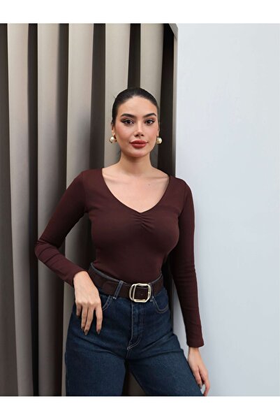 ESRAHELVACI V-Neck Gather Detail Long Sleeve Blouse