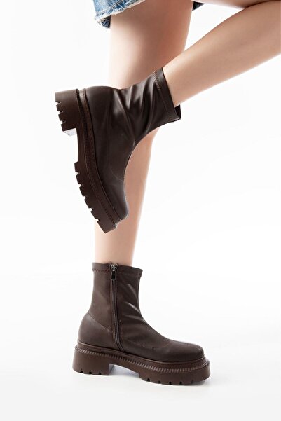 Aymood 236-2011 Кафяви ежедневни дамски ботуши с цип от еластична материя