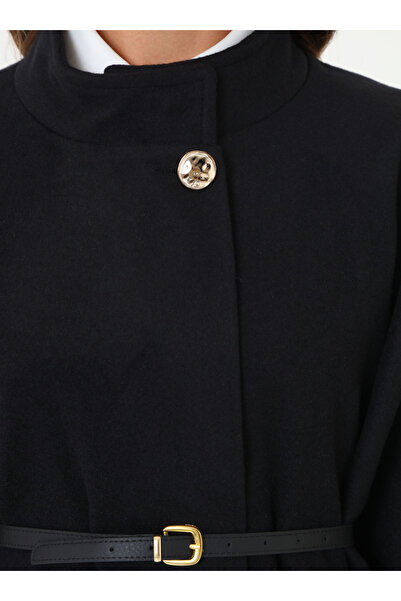 Refka Leather Belted Gold Buttoned Cape Coat - Black -