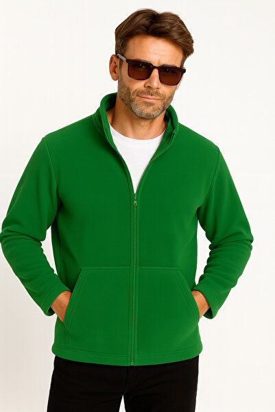 KaeLaurean Unisex Green Anti-Pilling Non-Pilling Standard Fit Full Zipper Cold-Proof Fleece Cardigan