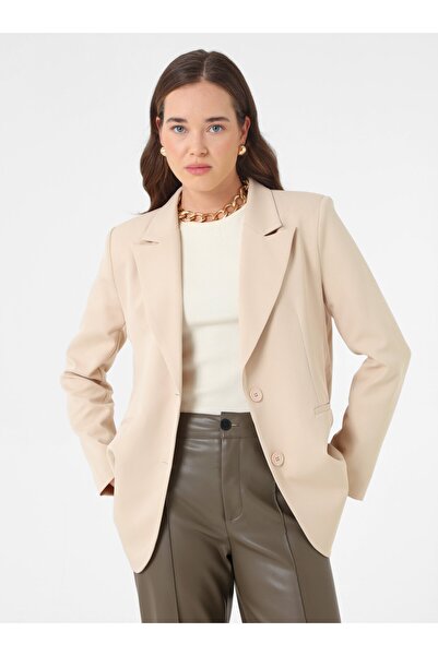 Refka Double Button Lined Blazer Jacket - Beige -