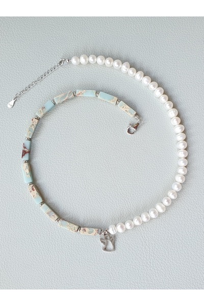 Abundo Cultured pearl and imperial jasper necklace with angel pendant and 925 silver, 42 cm