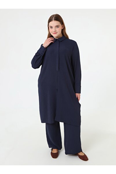 ALİA Yarın Patlı Uzun Tunik&Pantolon Büyük Beden Takım - Lacivert -