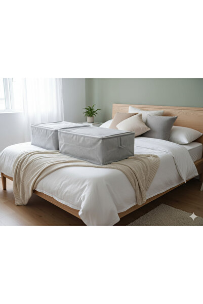 YELLOW STARY HOME DECOR حقيبة تخزين وتنظيم مكونة من قطعتين باللون الرمادي مخط...