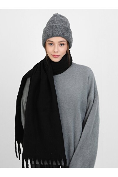 Tuva Pufidik Tasseled Shoulder Shawl-Black - Pufidikoş-Tuva