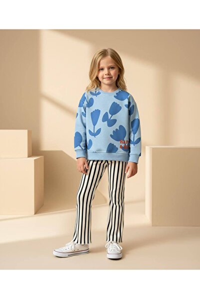Little Miny Kids Tulip Pattern Blue 100% Cotton Girls' Top and Bottom Set
