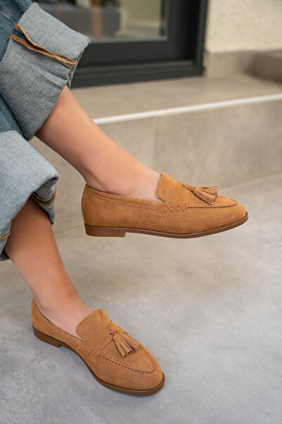 LAMİNTA Leather Tassel Detailed Tan Suede Women's Flat Sole Shoes