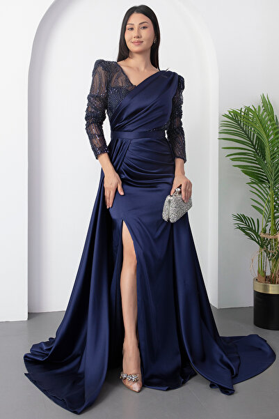 PULLIMM Double Breasted Collar Beading Detail Satin Dress Dmn5187