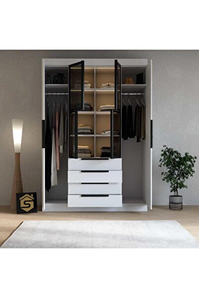 Stylish Home Modern Wardrobe with Black Glass Doors and Storage Drawers (Lighting Not Included) - DLB05-AS