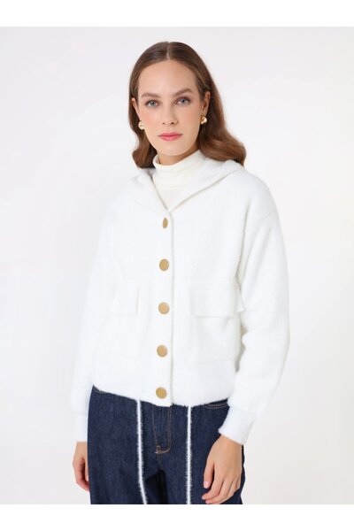 Refka Gold Button Detailed Tie-Up Cardigan - Ecru -