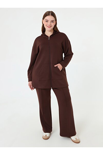 ALİA Fermuarlı Kapuşonlu Spor Sweatshirt&Pantolon Büyük Beden Takım - Kahverengi -