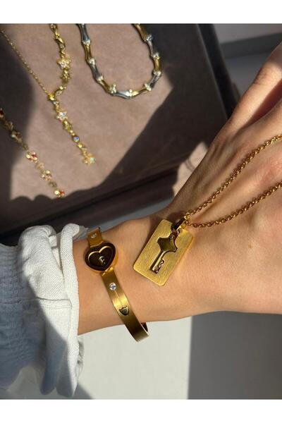 zekbijuteri Kilitli Kalp Kelepçe Bilezik ve Anahtar Kolye