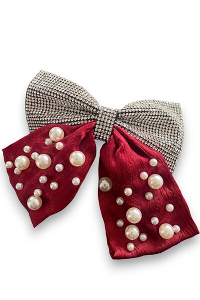 TAKIŞTIR Burgundy Color Ribbon Figured Pearl and Stone Detailed Automatic Buckle