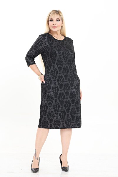 modayız فستان شتوي متوسط ​​الطول بجيب مزدوج ونمط مرن مقاس كبير 26A-2720