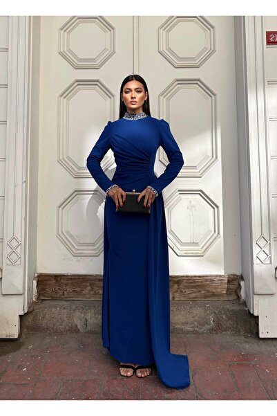 Modafeminen فستان بتفاصيل حجرية على الرقبة وأصفاد الأكمام مع ثنيات خاصة 58334...