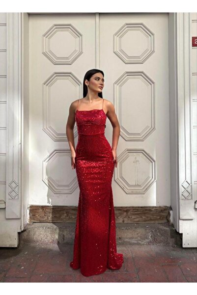 SELİN MODA EVİ Trend Velvet Fish Dress Red 583220