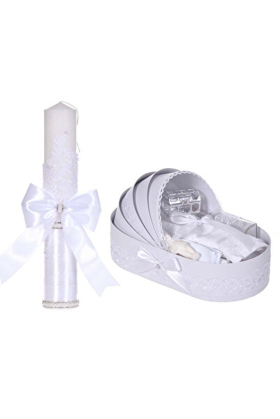 BebeNou Κομψό Σετ Βάπτισης, Λαμπάδα & Ρόμπα, Διακόσμηση Δαντέλα