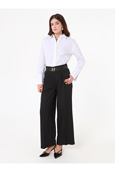 Refka Belted High Waist Wide Leg Trousers with Pleated Detail - Black -