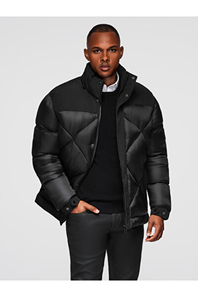 OMBRE Pánská bunda s kapucí a geometrickým kostkovaným vzorem - černá V1 OM-JAHP-0237