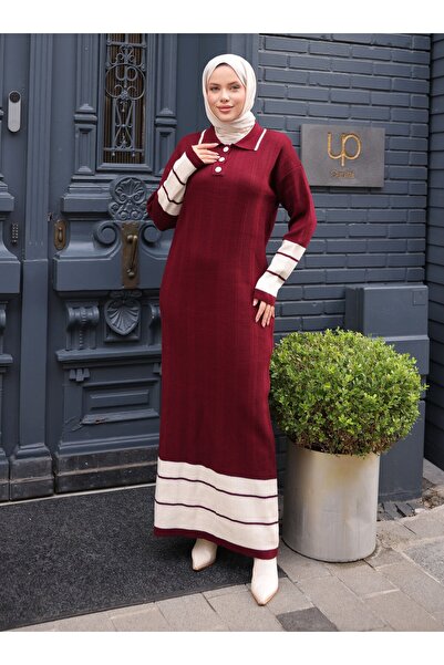 SAHRA BUTİK Front Buttoned Knit Dress - Burgundy -