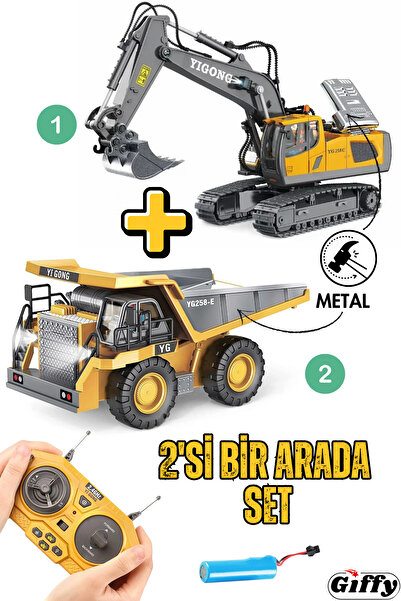 giffy Oyuncak Uzaktan Kumandalı 680° Dönen Ekskavatör Metal Alaşım ve Kasası Hareketli Kamyon İkili Set