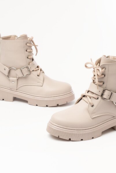 Aymood 508-3038 Beige Buckle Accessory Zippered Daily Women's Boots