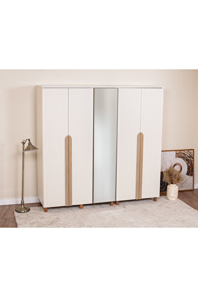 DONACO İtra 5 Kapaklı Gardırop – Krem Gövde, Krem Lake Aynalı Kapak