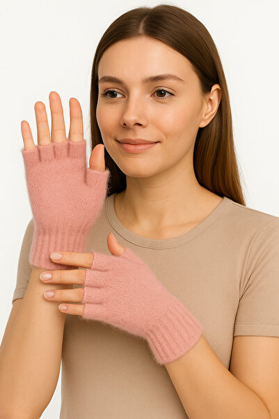 CapZone قفازات نسائية وردية نصف إصبع من القطيفة - قفازات شتوية ذات ملمس ناعم