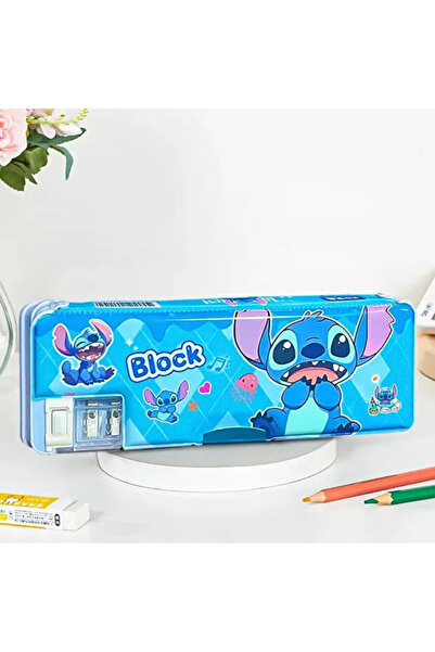 BALCI HEDİYELİK Stitch Cartoon Character Pencil Case with Sharpener for Kids Pen Holder Blue Pencil Case