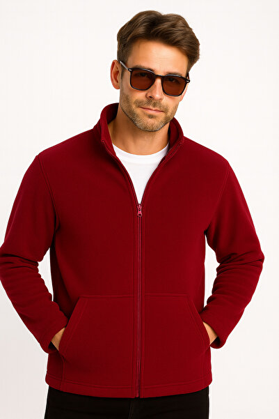 KaeLaurean سترة صوفية للجنسين باللون الأحمر الداكن مضادة للتكور وغير قابلة للوبر بقصة قياسية وسحاب كامل مقاومة للبرد