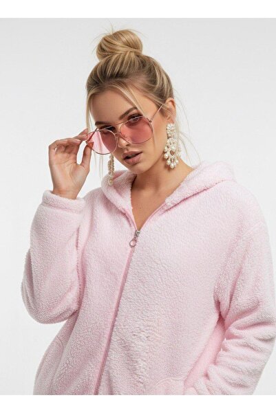 GIYOLA KADIN KAPÜŞONLU FERMUARLI WELSOFT YUMUŞAK KUMAŞ PEMBE POLAR