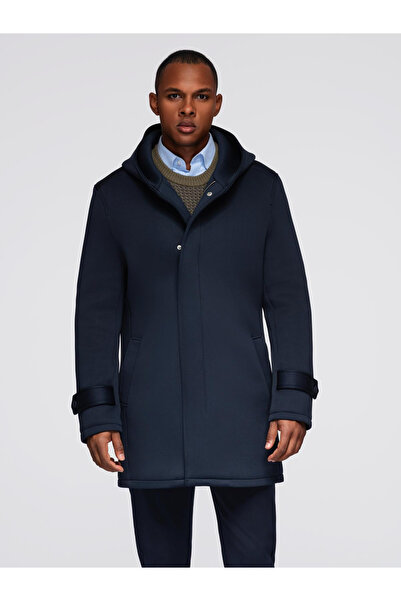 OMBRE Pánský minimalistický kabát střední délky s kapucí - tmavě modrý V5 OM-COLC-0144