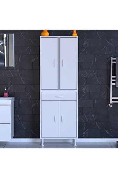 Modilayn YENİ AFRA 60x173x32,5 cm' lik 1 Çekmece, 1 Göz Sepet, 2 Kapak, 4 Raf Dar Alan Banyo Dolabı
