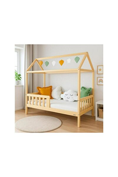 NEWBABY Patut tip casuta din lemn junior, 160x80 cm, Pana la 70 Kg, Cu bariera de protectie, New Baby