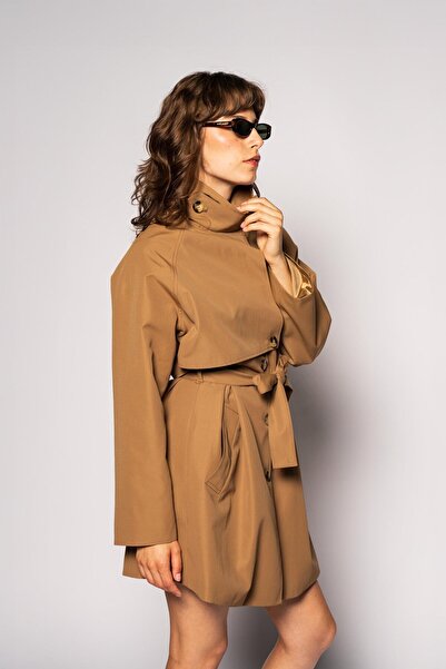 Thalure Kadın Camel Rüzgarlıklı Dik Yaka Trençkot