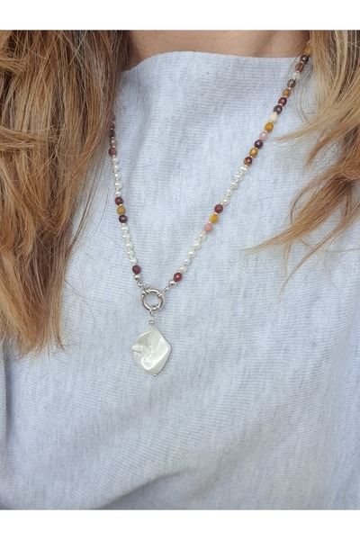 Abundo Necklace made of mocaite, cultured pearls and Mallorcan pearl with 925 silver, 54 cm