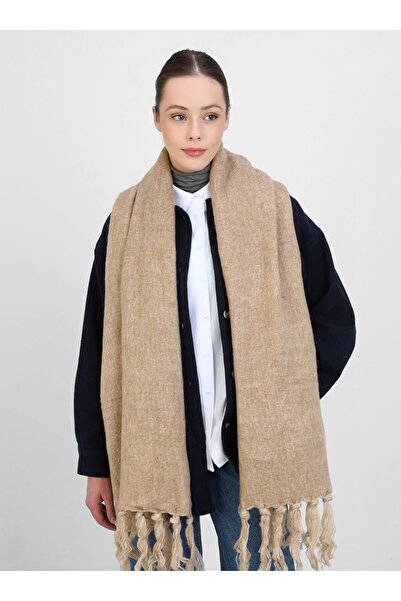 Tuva Pufidik Tasseled Shoulder Shawl - Sand - PUFIDIKOŞ-Tuva