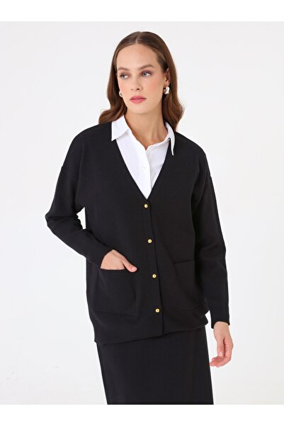 Refka Soft Button Pocket Detailed Cardigan & Skirt Knitwear Set - Black -